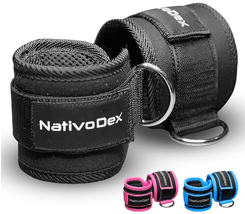 NativoDex Sangle Cheville Musculation Poulie Rembourré (2 unités) - Sangle Cheville pour Entraînement des Fessiers sur Le Câble Machines - Accessoire pour Fitness et Musculation (Noir)