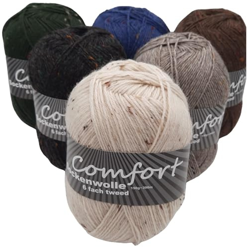 H&W Vertrieb Sockenwolle Strumpfwolle 6x150gr Comfort Color 6-fädig 900gr Set - für besonders warme Füße Set (Tweed)