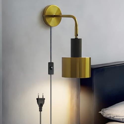 ZTWLEED Applique da Parete Interno Vintage Lampada da Parete con Spina e Interruttore,E27 Industriale Lampada a Muro Angolo Orientabile per Camera da Letto Soggiorno (Senza Lampadina)