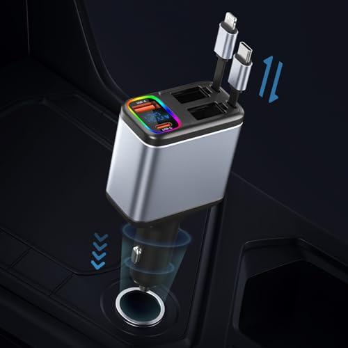 Auto Ladegerät Einziehbares,Zigarettenanzünder USB C 147W Handy Schnellladegerät PD&QC3.0 Autoladegerät Adapter 12V USB kfz zubehör Retractable Ladekabel Car Charger Kompatibel mit MacBook,iPhone
