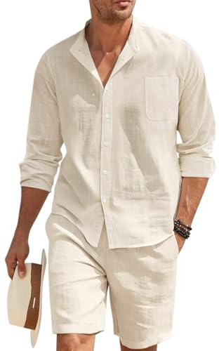 Minetom Homme Linen Ensemble Sets Ete Tenues Survêtement Costumes Plage Vacances Bouton Chemises À Manches Longues Et Shorts 2 Pcs
