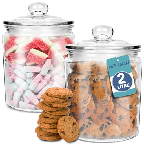 HEFTMAN Glasdose mit Deckel 2 Liter - Transparent leere Süßigkeitengläser mit luftdichtem Push-Top-Deckel - Vintage-Apothekergläser für Süßigkeiten, Kaffee, Zucker, Wäschekapseln (2 Stück)