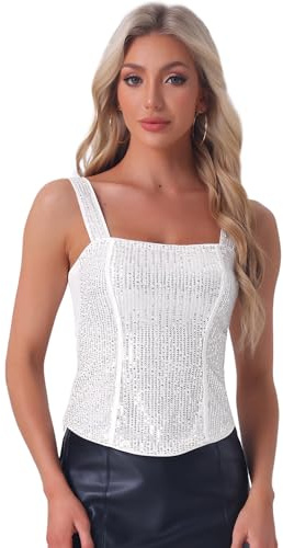 Allegra K Donna Canottiere con Paillettes, Top Senza Maniche con Corsetto E Canotta Glitterata Scintillante Scheggia M