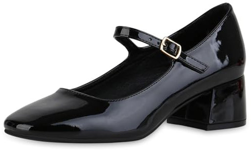 VAN HILL Damen Mary Janes Blockabsatz Lack Klassisch Schuhe 216463 Schwarz Lack 38
