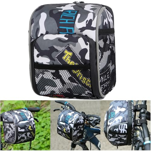 Boxonly Black Camo Bike Handlebar Bag, Water-Resistant Cycling Front Bag, Large Capacity Handlebar Storage for Mountain and Road Bikes, Easy Attachment, 7 x 6 / 19 x 14 cm