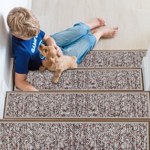 JHLGRE Tappeti per Scale Interne, 20cm*76cm 15pcs, Coprigradini per Scale, Tappetini per Scale in Legno, Tappetino Antiscivolo e Fonoassorbente con Retro Adesivo, Arancione