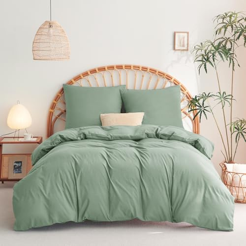 WAVVE Biancheria da letto 140 x 200 cm, 2 pezzi, verde salvia, copripiumino 140 x 200 cm, set con 1 federa da 65 x 65 cm, set di biancheria da letto 140 x 200 cm, in microfibra con chiusura lampo