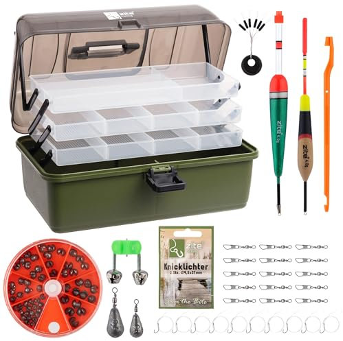 Zite Fishing Angelkoffer inkl. Zubehör Angelset | Grundausstattung mit Posen, Blei-Gewichten, Haken, Schrotblei, Knicklichter & Mehr - Ausrüstung im Koffer Befüllt | Angelkasten 3 Ausziehbare Laden