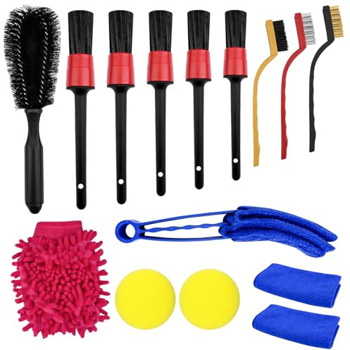 Absyrony 15 Pezzi Kit Pulizia Auto Moto, Guanto Lavaggio Auto, Spazzola Cerchi, Pennelli Detailing, Spazzole Cerchioni, Panni in Microfibra, per Interni, Esterni, Ruote, Motore, Finestrini