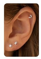 HANLI 3 Pairs Silver Flat Back Earrings for Women Hypoallergenic Sterling Silver Post Helix Piercing Jewellery Small Star Moon Stud Cartilage Tragus Earring Gifts for Teenage Girls
