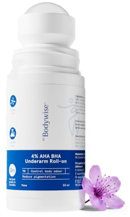 Be Bodywise 4% Aha Bha Underarm Roll On 50ml | 2% Lactic Acid, 1% Mandelic Acid, 1% Salicylic Acid | Controls Odour & Reduces Pigmentation | 0% Alcohol & 0% Aluminium | Flora Fragrance