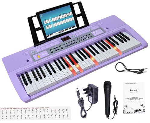 Funtaki 61-Key Electronic Keyboard Piano for Adults Kids with Light Up Keys, MIDI Connectivity & Learning Modes - Perfect Beginner Piano (Light Purple)