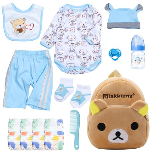 13Pcs Baby Doll Accessories Set, Reborn Baby Doll Clothes 17-22 Inch Boy Blue Outfits with Backpack + Diapers + Feeding Bottle, Babies Pretend Play Set