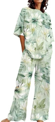 Uwdiohq Abiti Estivi per Donna 2 Set di Lino in Cotone T-Shirt Oversize Pantaloni A Gamba Dritta Tuta Taglie Forti Camicia da Notte Elegante (Mint Green, XXXL) Pigiama Lungo Leggero Pigiami
