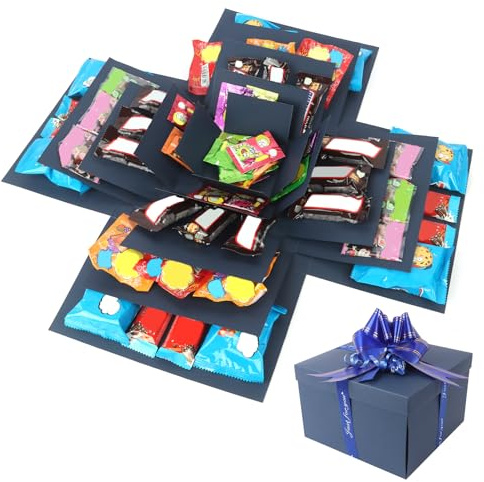 Explosion Gift Box, 5 Layer Snack Explosion Box with Tape and Ribbon, Blue DIY Surprise Box Scrapbooking Boxes Photo Album Explosion Boxes for Birthday Anniversary Valentine's Day Wedding