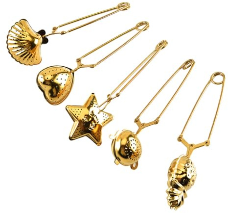 SEWACC Lot de 5 Passoires à Thé en Acier Inoxydable Doré Filtres à Thé Créatifs avec Pince Infuseurs Réutilisables Compatibles et Herbes Accessoires la Cuisine pour Infusion Facile