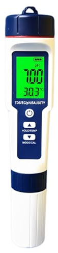 Machify Vattenkvalitetstestare 5-i-1, digital PH-mätare salthetstestare, Tds temp-mätare, multiparameter testpenna med stor LCD, ±0,05 ph hög precision, kalibreringspulver ingår