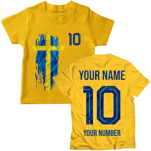 Sverige 2026 Personligt Fotbollssupporter-T-shirt för Barn i Bomull med Grafiskt Tryck, Anpassat Namn och Nummer, Kortärmad Supportertröja