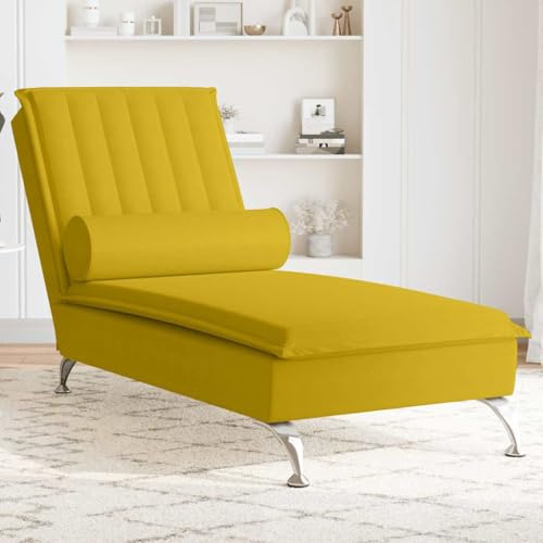 Mangloder gul sammetsmassage schäslong med nackrulle, 137 x 56 x 75 cm, förkromat stål, relaxsäng som recamiere-dagbädd för vardagsrum, sovrum och läshörna, komfort upp till 110 kg