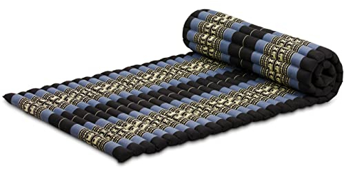 livasia Rollmatte Rollmatratze M schmal Einzelbett - 200x75x4,5cm - Gästebett Gästematratze 1 Person mit Muster, Reisebett Kofferraum outdoor, Thaimatte Kapok Garten handgefertigt (Blau/Elefanten)
