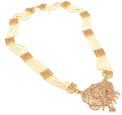 Jewar Indian Pearl Necklace Long Set Gold Plated Traditional Ad Cz Designer Handmade Bridal Fashion Jewelry For Women (Raani Haar-2)