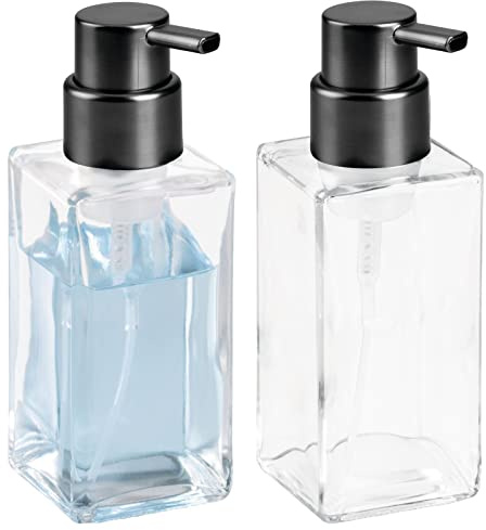 mDesign 2er-Set Schaumseifenspender für Küche und Badezimmer – rechteckiger Pumpseifenspender aus Glas – ideal für 414 ml Seife oder Spülmittel – durchsichtig/mattsilberfarben