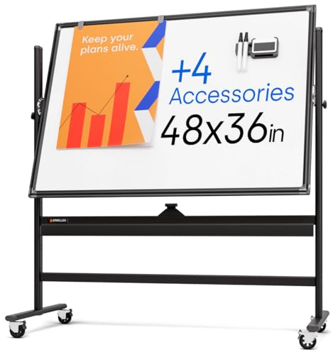 Rolling Dry Erase Board 48 x 36 - Large Portable Magnetic Whiteboard with Stand - Double Sided Easel Style Whiteboard with Wheels - Mobile Standing White Board for Office, Classroom & Home