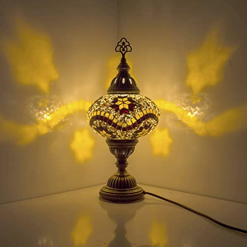 Turkish Moroccan Style Mosaic Multicoloured Desk Table Lamp, Bronze Base, Unique Light Large Globe (Brown Star)