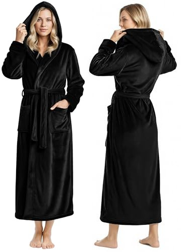 NY Threads Premium Womens Robe with Hood, Plush Fleece Long Bath Robe for Women, Fluffy Soft Women's Bathrobe, X-Large, Black
