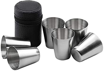 Wandefol Edelstahl Schnaps-Becher, Shot-Gläser im 7er Set, 6 Unzerbrechliche Schnaps-Becher, Schnaps-Gläser aus Metall, Metall-Becher mit Leder-Tasche Schnapsgläser