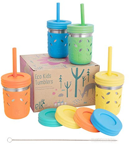 Elk and Friends 10oz Stainless Steel Kids + Toddler Drinking Cups | The Original Mason Jar with Sleeves + Lids | Silicone Straws | Smoothies | Storage Jar | Spill Resistant | Dishwasher Safe | 4 Pack