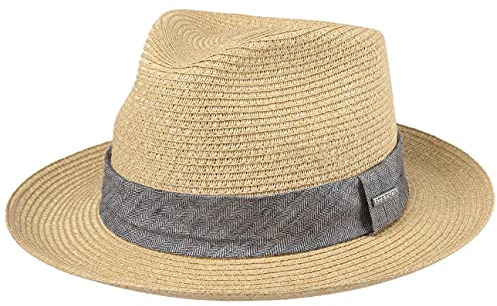 Stetson Lintano Toyo Strohhut Damen Herren Fedora Mit Hutband Federleicht Reisehut Mit Futterband aus Baumwolle Sonnenhut Frühjahr Sommer Natur L (58-59 cm)