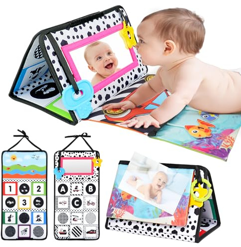 Vicloon Miroir de temps pour bébé, miroir de sol avec anneau de dentition, livre en tissu doux, jouets sensoriels noirs et blancs, jouets sensoriels noirs et blancs