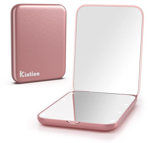 Kintion Espejo de Bolsillo, Aumento 1X/3X LED Compacto para Maquillaje de Viaje con Luz para Bolso, de 2 Caras, Portátil, Plegable, de Mano, Pequeño Espejo Iluminado para Regalo, Oro Rosa