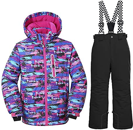 HOTIAN Kinder Skianzug, Mädchen Kinder Schneeanzug,Kinder Winteroverall Wasserdichter Skianzug Mädchen,Outdoor Warm Skifahren Bekleidung Skijacke and Skihose PU+BK-12
