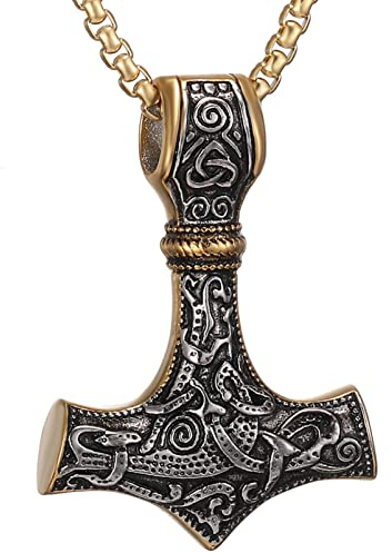 AFSTALR Vikingar smycken män halsband Thors hammare halsband – nordisk mytologi Mjolnir viking runor hammare rostfritt stål kedja viking heschenke för män 50/60/70 cm silver/svart/guld, Rostfritt stål