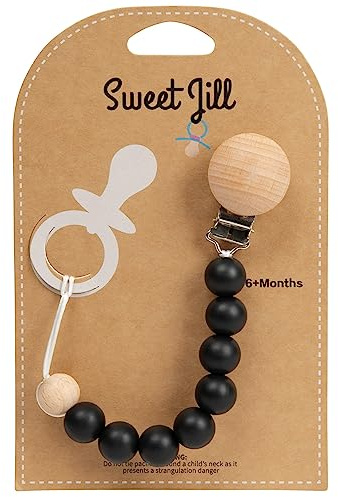 Sweet Jill Pacifier Clip Made with Silicone Beads and Secured with Wood Clip. 9 Long. Keeps Pacifiers securely Fastened. (Black)