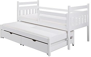 KEF Kinderbett 80x160 cm - NOAH - Bett aus Holz mit Stauraum - Tagesbett mit Lattenrost - Jugendbett und Mädchenbett für Kinderzimmer - Ausziehbett für Zwei Personen - Weiß