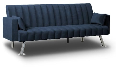 Nalui - Sofá Cama 3 Plazas Acolchado 210x80x79cm One Lines, 2 Cojines y Apertura Clic-Clac con Reclinación Ajustable. Sofá Cama Chaise Longue Aterciopelado Convertible en Cama Doble | Azul Marino
