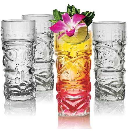 Lily's Home Set of 4 Tiki Glasses - Ideal for Exotic Cocktails, Highball - Unique Tiki Bar and Kitchen Bar Drinkware Set, Glass Tumbler & Mug Set, Perfect Cocktail Mixing Glass, 16oz Tumbler, Clear