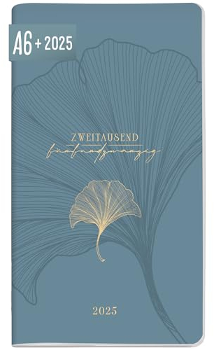 Häfft® Monatskalender Weekly 2025 A6+ Blue Ginkgo 1 Monat auf 2 Seiten, Monatsplaner klein, Taschenkalender mit Jahres- & Ferienübersicht - nachhaltig & klimafreundlich