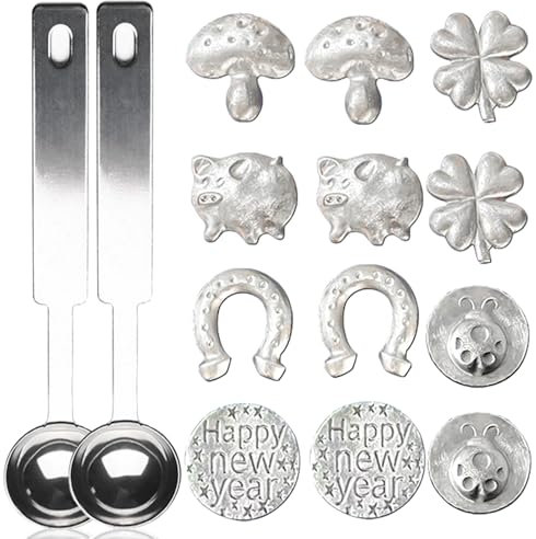 Dongcill Lot de 14 pièces en étain coulé - 12 figurines lourdes et 2 cuillères - Kit de moulage d'étain pour le Nouvel An - Jeu de divination - Bonne année avec étoiles