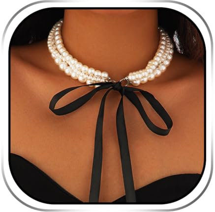 Handcess Perlen Halskette mit Schleife Perlen Mehrfachkette Perlen Choker Halsketten für Damen