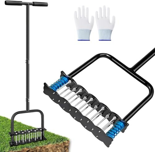 Lawn Aerator, Garden Aerator for Lawns with Padded T-Handle, 14 2.8 Inch Solid Steel Spikes Grass Aerator, Yard Aerators for Lawn Yard & Garden,2pcs Anti-Slip Gloves