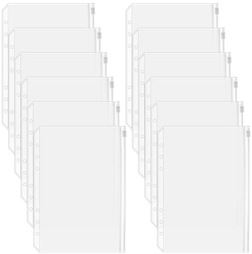 SOFPLATE 12Pcs A5 Binder Pockets 6 Holes Budget Cash Envelopes Clear Zipper Folders Waterproof PVC 6 Rings Loose Leaf Bags Binders for Planner Inserts Document Pouch Filing Pencil Office Supplies