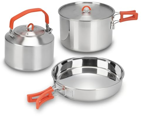 304 Stainless Steel Camping Cookware Set - Large Frying Pan, Pot & Kettle with Folding Handle, Lightweight Fast Boil Suitable Indoor & Outdoor Cooking for Fishing, Backpacking, Picnic 3-6 People