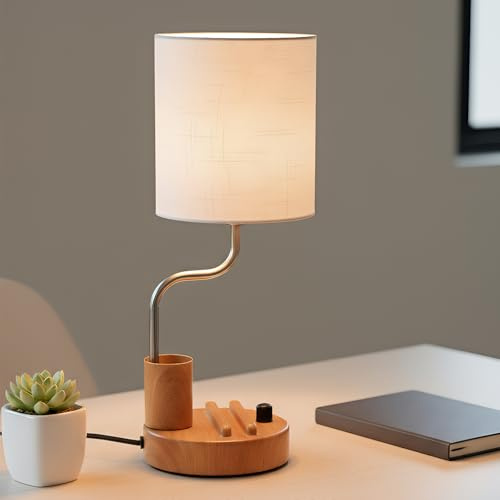 OUTON Lámpara De Mesa, Regulable Táctil, 2700K Luz Cálida con Puertos De Carga USB A+C, Soporte Móvil & Portalápices, Pantalla Lámpara para Dormitorio, Salón, Oficina - Madera