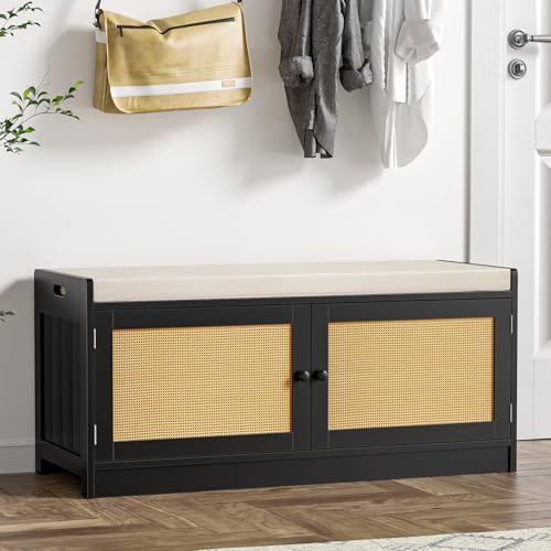 Skokliz Banco de Zapatos con cojín, Banco de Almacenamiento con Asiento Acolchado, 4 Compartimentos, Zapatero Oculto, estantes Ajustables, Sala de Estar, Pasillo, Dormitorio