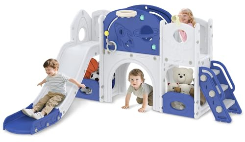Froadp Scivolo 8 in 1 per bambini a partire da 1 anno, per interni ed esterni, in HDPE e PP, con scaletta, tunnel, spazio di archiviazione, canestro e telescopio da gioco, fino a 50 kg