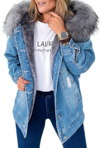 Veste en jean chaude à manches longues pour femme manteau de fête en plein air col en fourrure rétro, doublure polaire veste en jean épaisse et chaude